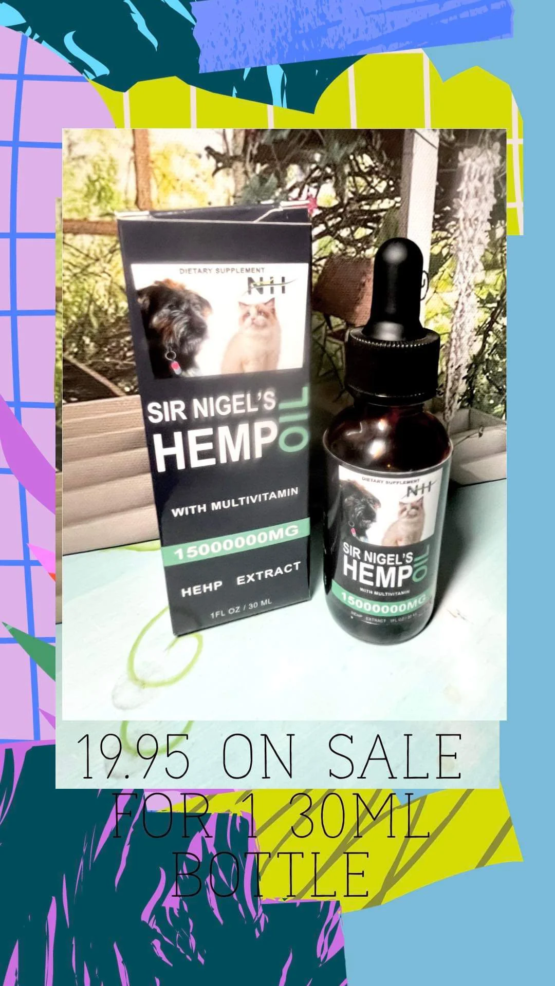 A bottle of sir nigel 's hemp oil next to its box.